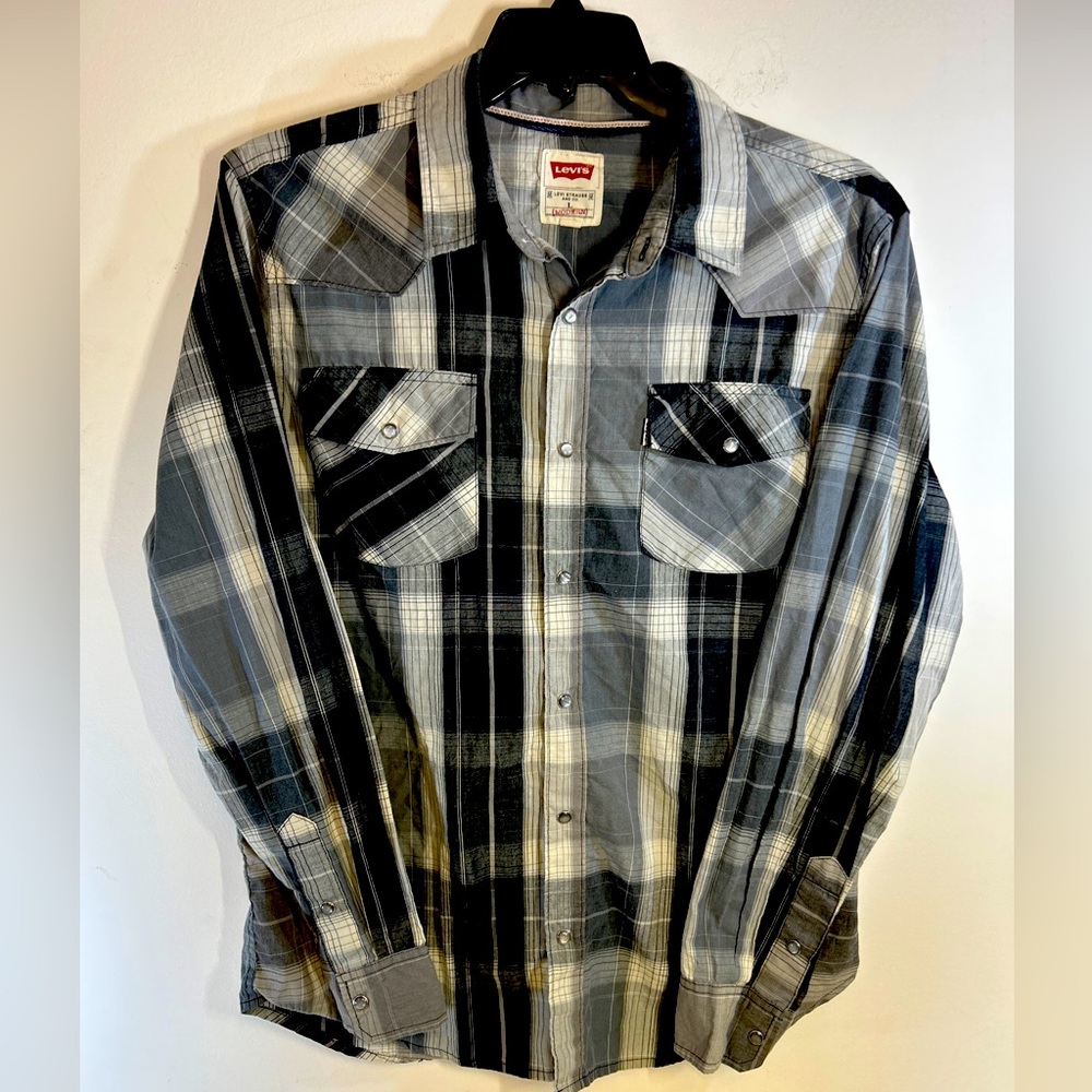 Mens Levi’s Pearl Snap  Shirt Adult Large Gray Black Windowpane Plaid White Tab